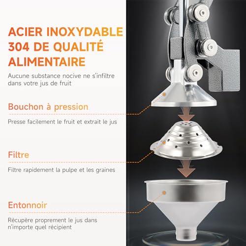 CO-Z Professional Manual Citrus Press Silent Stainless Steel Food Grade Grinder Juice Press Orange Lime Lemon Apples Fruit, Grey