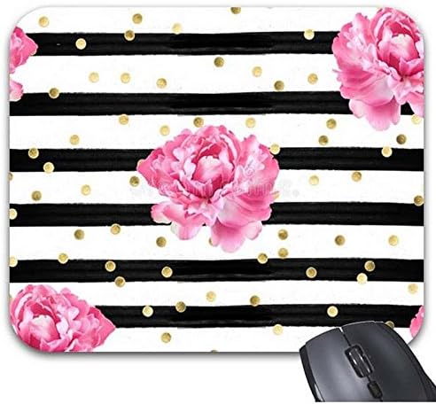Starings Mousepad Watercolor Stripes Gold Pink Roses Print Natural Eco Rubber Durable Mouse Mat 9 X 7.5In