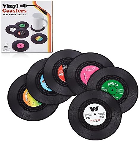 Set of 6 Retro Vinyl Record Disc Drink Coasters for Tea, Coffee, Beer Mug, Music Lovers Mats Great Grip and Protection for Table with No Marks or Water Transmission