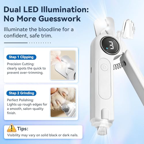 2-in-1 Quiet Electric Cat Nail Clipper & Grinder with Dual LED Lights, 3 Speeds for Large Medium Small Dogs Cats, Type-C Rechargeable, Nail Clipping Splash Guard for Anxious Dogs & Cats (White)
