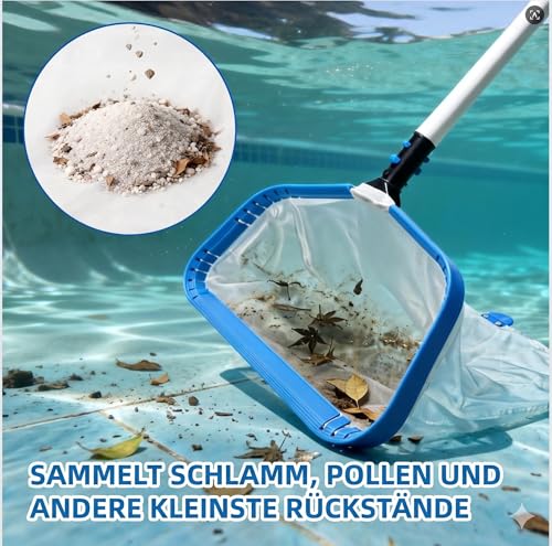ROMIVO 44 cm professional pool net with 3 m aluminium pole (8 pieces), ultra-fine mesh net against pollen and small particles, sturdy aluminium inner frame with protective cover, 1.2 mm reinforced