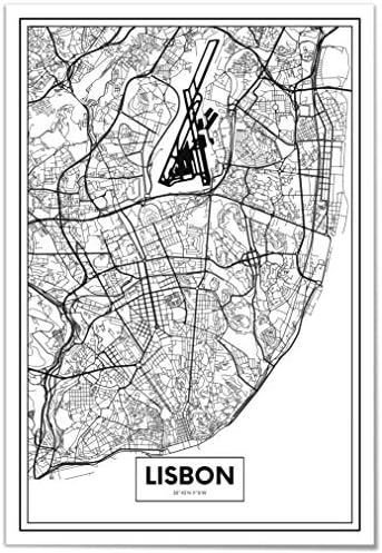 Panorama® Canvas Map Lisbon 8x12 inch | Printed on Canvas | Vintage Canvas Wall Art | Black and White Pictures | Canvas City Map Decoration | Modern Canvas Prints for Walls
