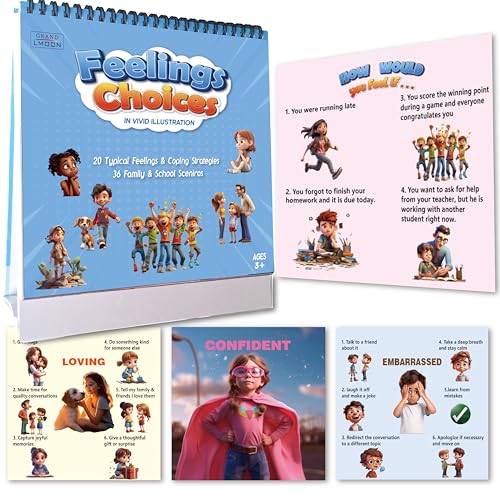 20 Typical Emotions Moods and 36 Family School Sceniros Coping Skills Emotional Intelligence Training Colorful Flipbook Chart Perfect for ADHD, Autism, and Therapists, Calm Down Corner(9