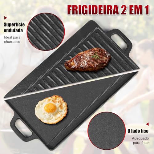 45 x 23 cm Chapa Grill para Fogão e Indução, Dupla Face Retangular, Chapa de Ferro Dupla Face, Retangular de Ferro Fundido, Frigideira Reversível Pré-Temperada