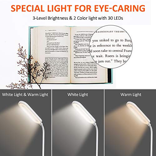 STOON Reading Light with Clip, Rechargeable 30 LEDs Book Light with 3 Brightness (Cool and Warm) and Touch Switch, Flexible USB Eye-Care Desk Lamp for Kids Adults Reading in Bed