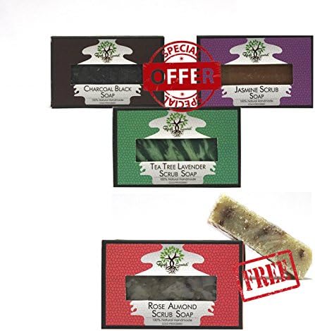Root Essentials Combo Pack Natural Handmade Scrub Soap - Charcoal Black,Tea Tree Lavender and Jasmine with Free Rose Almond Soap