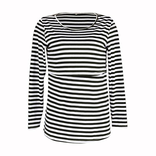 kaifongfu Women Pregnant Top, Striped Maternity Nursing Breastfeeding Pregnant Long Sleeve Blouse (Black, XL)