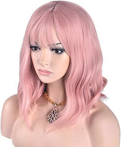 MeriCino Short Wigs for Women with Air Bangs 14" Curly Synthetic Fashion Natural Lovely Hair Harajuku Costume Party Wig+ Free Wig Cap (Pink)