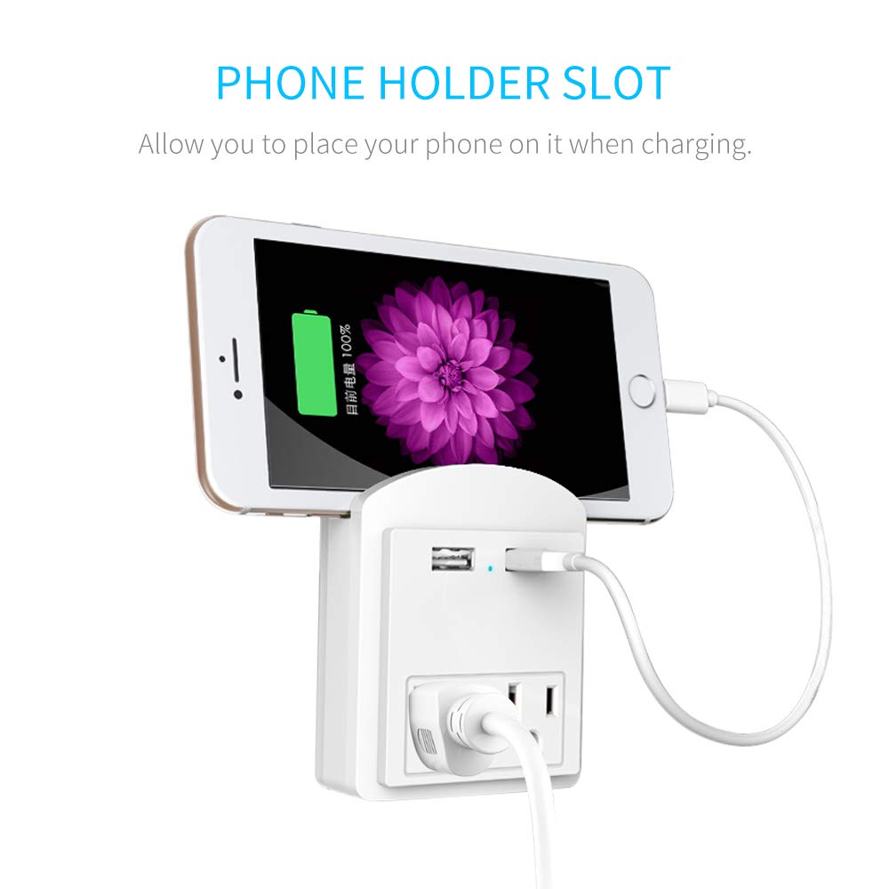 Multi Wall Outlet USB Wall Charger with Phone Holder Outlet Extender Surge Protector with Dual Outlets and Dual USB Ports (White)