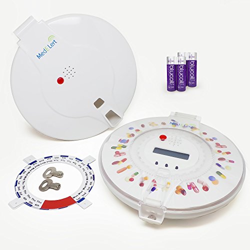 GMS Med-e-lert 28 Day Automatic Pill Dispenser with 6 Alarm Reminders, 6 Dosage Rings, 1 Key and Interchangeable Clear and White Lids WITH Four EXTRA Blucoil AA Batteries AND SPARE KEY - Value Bundle