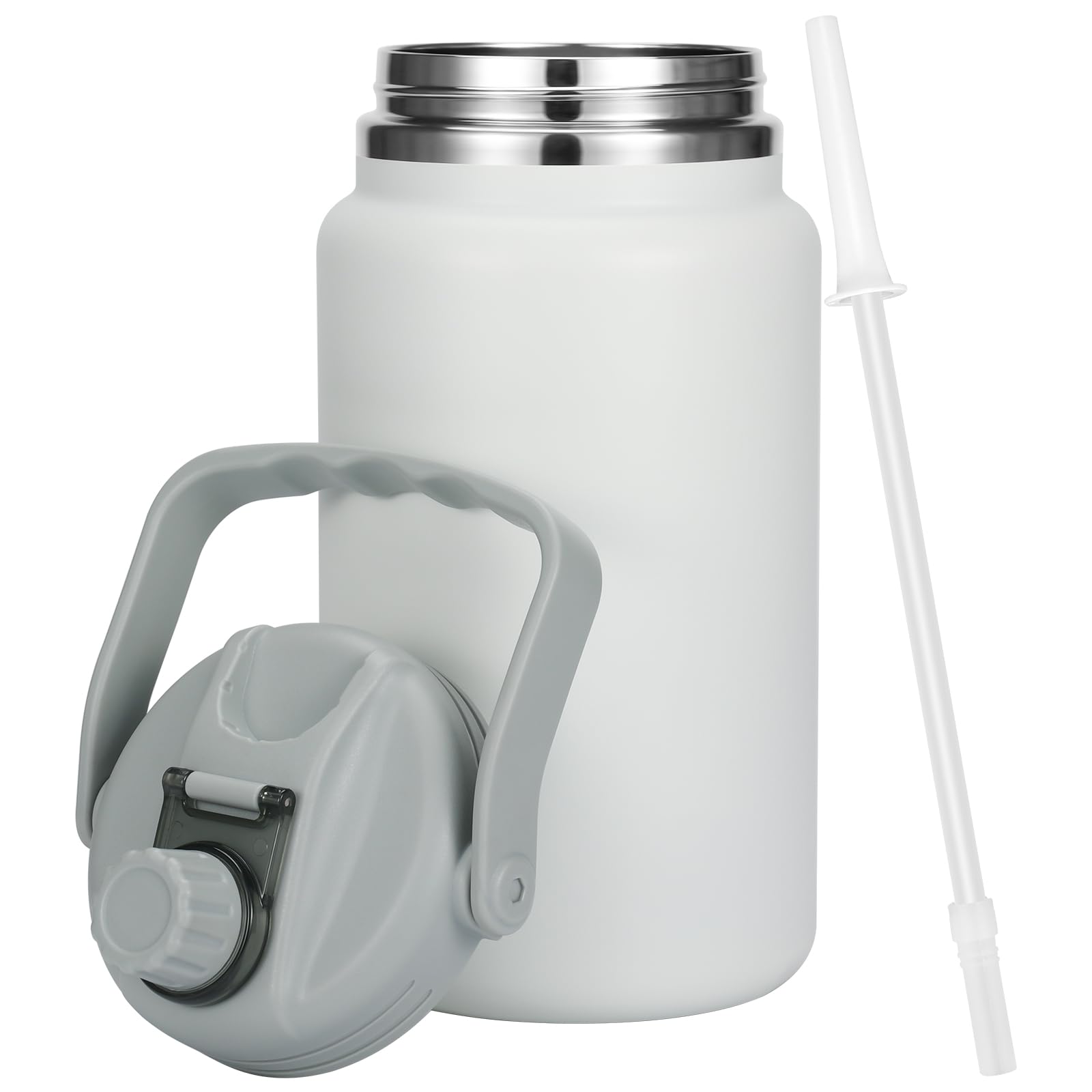 Photo 1 of ***(MAJOR DAMAGE/ MISSING PARTS/ SEE NOTES)***Olerd 1 Gallon Thermosflask with Straw, 135oz Stainless Steel Insulated Water Bottle?4L Oversized Double Wall Vacuum Jug with Handle for Hot Cold Drinks, Wide mouth Icebuckets for Hiking Sports(White)