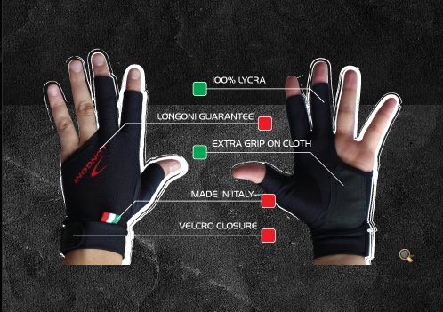 Longoni Black Fire Billiard Pool CUE Glove - for Left Hand - Black (Large) - Thumbnail 4