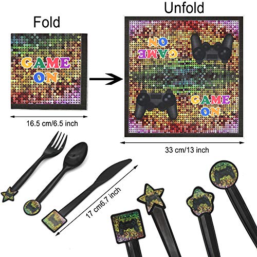 Video Game Party Supplies, Angela&Alex 169 Pieces 24 Guests Gaming of Themed Party Birthday Banner Round Plates Cups Napkins Dessert Plate Forks Knives Spoons Game On Supplies Decor