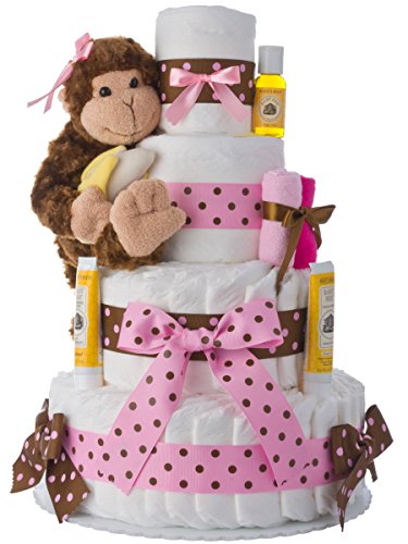 Diaper Cake - Pink Monkey Theme Handmade By Lil Baby Cakes - Gift For Baby Girl - Makes a Great Baby Shower Centerpiece