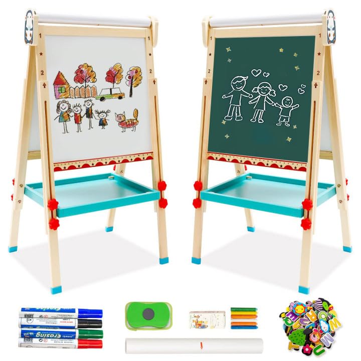 Kids Easel with Paper Roll Double-Sided Whiteboard Chalkboard Wooden Art Easel Height Adjustable Standing Easel 68-114 cm with Numbers and Other Accessories Drawing Board for Toddlers (Penguin)