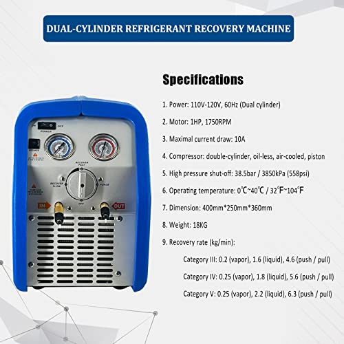1HP Dual Cylinder Refrigerant Recovery Machine, 110V120V 60Hz Portable