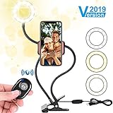 Selfie Light Ring with Cell Phone Holder Stand for Live Stream/Makeup, Flowmist LED Ring Light [3-Light Mode] [10-Level Brightness] with Flexible Arms, for iPhone/Android
