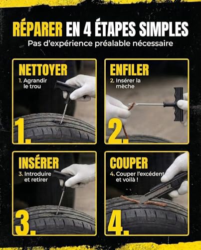 NOOGUI - Puncture Tyre Drill - Car Tyre Repair Kit - Repairs in 15 Minutes - Includes 20 Drills, 1 Spiral T-Tool, 1 T-Tool Insert, 2 Gloves and 1 Cutter - Car Puncture Resistant Kit