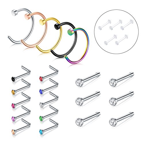 Nose Ring, 20PCS 316L Surgical Stainless Steel Zolure Body Jewelry Piercing Nose Hoop Ring and Nose Stud Ring