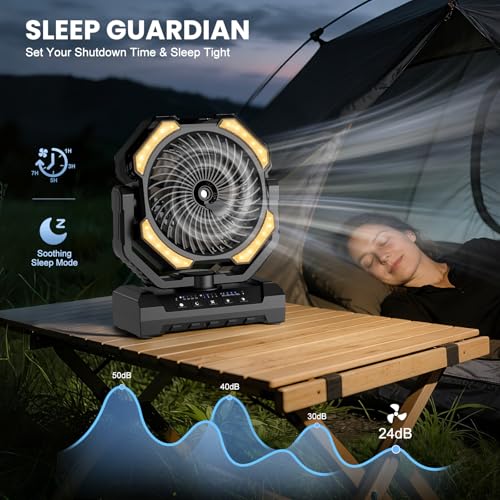 Ateroll 20000 mAh Battery Camping Fan with Mist, USB Fan Battery with Remote Control, LED, Hanging Hook, Table Fan for Tent, Outdoor, Home, Patio, Travel