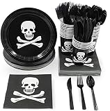 Juvale Pirate Skull and Crossbones Birthday Party Supplies - Serves 24 - Includes Plates, Knives, Spoons, Forks, Cups and Napkins