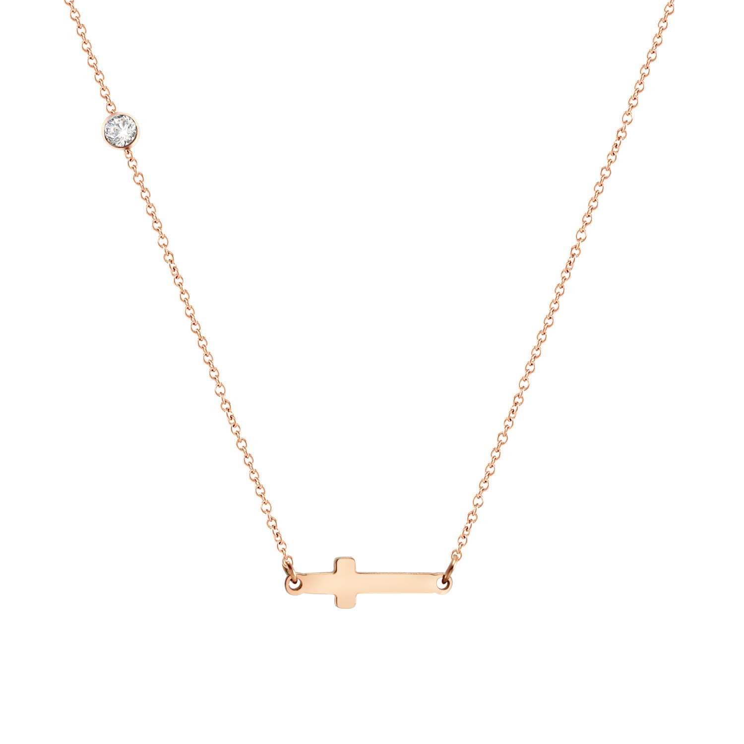 555Jewelry Polished Stainless Steel Sideways Cross Necklace for Women, Womens Cross Necklace, Small Cross Necklace for Women, Horizontal Cross Necklace, Rose Gold, 20” Chain