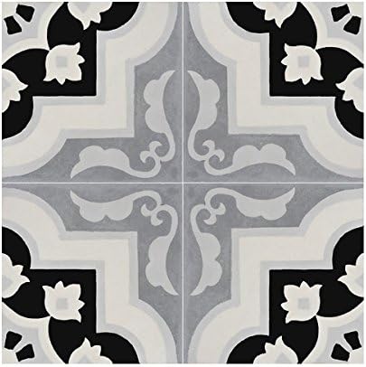 Floor Tile (12 Pack) Features Handmade Cement and Granite Moroccan Taza Black and Grey Geometric Pattern, Gives Vibrancy to your Home