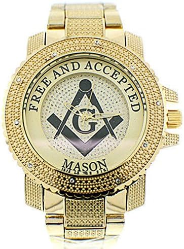 Letter Fashion Mens Crystal Ice Nation Golden Freemason Mason Masonic Watch With Metal Band