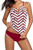 Vsecrety Women's Strappy Banded Printed Tankini Top with Triangle Briefs Swimsuit(Red,Large)