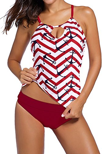 Memory baby Women's Strappy Banded Printed Tankini Top with Triangle Briefs Swimsuit(Red,X-Large)