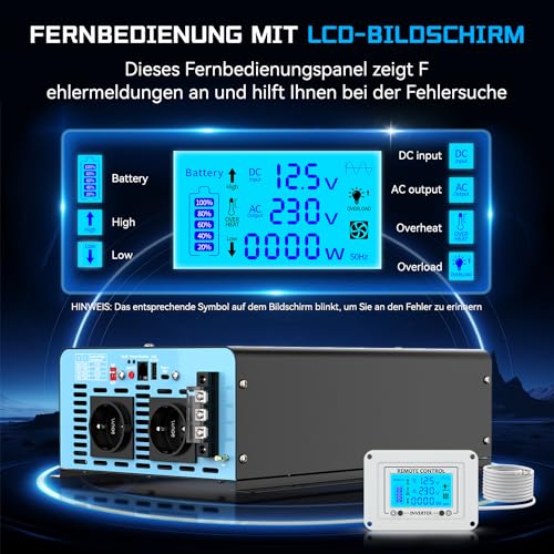OLTEANP 4000W Pure Sine Wave Inverter 12V to 230V Car Voltage Converter with LCD Screen Remote Control, 2 AC Sockets, USB and Type-C Port Solar Power Inverter for Caravans, Boats