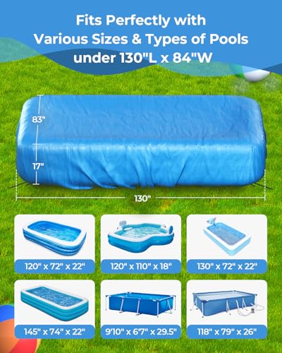 Inflatable Pool Cover Rectangle for 120” x 72”, 130” x 72”, 145" x 74" Pool, Secure Elastic Edge & Drawstrings 10' x 7' Rectangular Pool Covers for Above Ground Pools