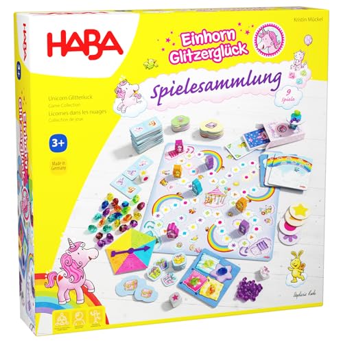 HABA Unicorn Glitter Happy Game Collection - 9 in 1 Games Set: Dice, Board & Card Games for Children from 3 Years - Simply Explained, for 2-4 Players - 2010879001