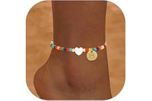 KAERUN Initial Ankle Bracelets for Women Waterproof Handmade Colorful Beaded Anklets for Women Disc 18K Gold Plated Letter Heart Anklet Boho Beach Anklets for Teen Girl Gifts Trendy Vacation Foot Jewelry