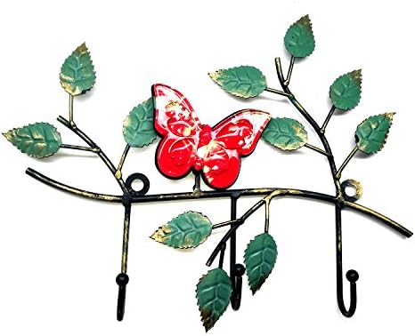 JMM Decorative Metal Key Rack Wall-Mounted Key Holder/Hook Hanging Storage for Entrance Door,With 3 Heavy Duty Hooks,Black (Red Butterfly and Tree leaves)