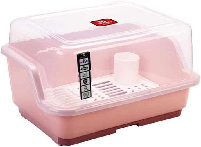 Kitchen rack/plastic dish rack/drying tableware storage box/drain rack/storage cabinet/with lid household dish rack/household items XUMINGLSJ (color : Pink, Size : L)