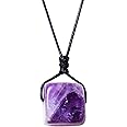 Runyangshi Natural Healing Crystal Dream Amethyst Square Pendant 0.59"-0.78"(1.5-2cm) Tumbled Polished Stones Necklace For Men Women Hand-Woven Rope Gift