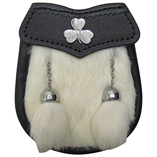 image for AAR Brand New Boy Sporran with Shamrock Badge 2 Tassels (White Fur), b