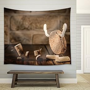 Concept Children and Monster, Wine Cork Figures - Fabric Wall Tapestry Home Decor - 51x60 inches