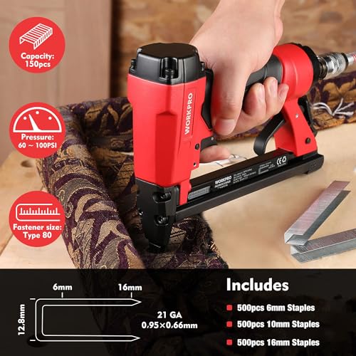 WORKPRO - Pneumatic stapler with 1500 staples, pneumatic nailing gun, used on staples type 80/6-16mm, ideal for DIY, decoration, wall, tapestry, wood