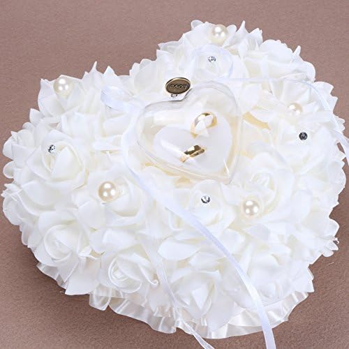 Wedding Ring Bearer Pillow Ivory, Romantic Rose Flower Heart Ring Pillow Ring Box, Wedding Ceremony Ring Holder Bridal Jewelry Case Gift for Wedding Supply- Large