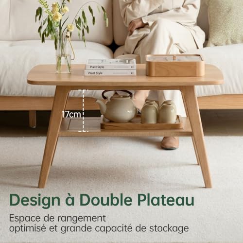 YESWOOD Solid Oak Coffee Table, Living Room Table with Storage 2 Levels, Solid Wood Coffee Table Ideal for Living Room, 80 x 50 x 44 cm, Natural Oak
