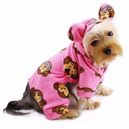 Adorable Silly Monkey Fleece Dog Pajamas / Bodysuit with Hood Size: X-Large, Color: Pink