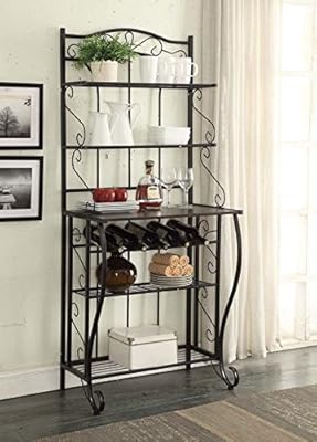 RAAMZO 5-Tier Black Metal Shelf with Wine Storage and Scroll Design