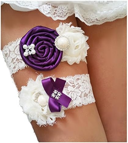 Wedding Garters for Bride Lace Vintage Ivory Peacock Eggplant Purple Rhinestone Keepsake Toss Garter Set of Two for Prom l Gift