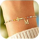 TOBENY Gold Cross Bracelet for Women Dainty A-Z Initial Link Chain Bracelets Christian Gifts for Women Colorful Sotcking Stuffers for Teens Baptism Religious Gifts for Daughter Mom Sister Jewelry