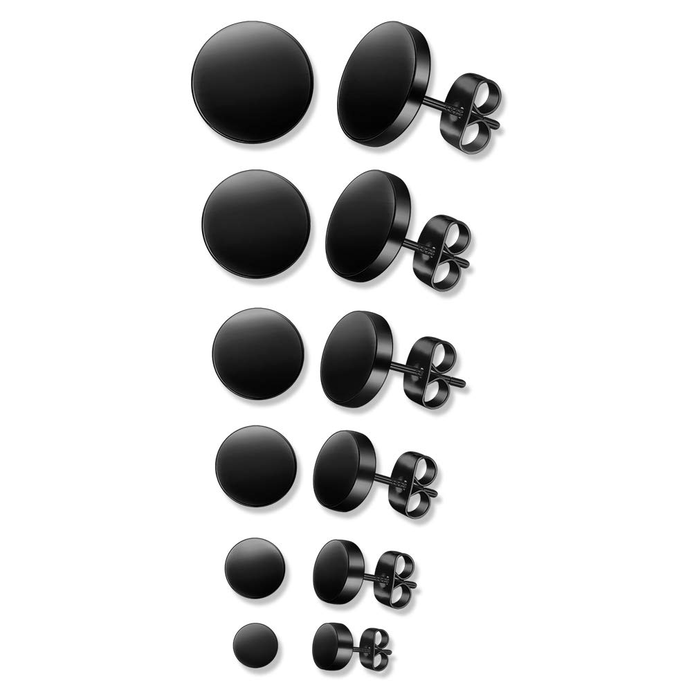 6 Pairs Stainless Steel Stud Earrings Set - 3mm/ 4mm/ 5mm/ 6mm/ 7mm/ 8mm - Black Round Ear Studs Earings Set for Men Women