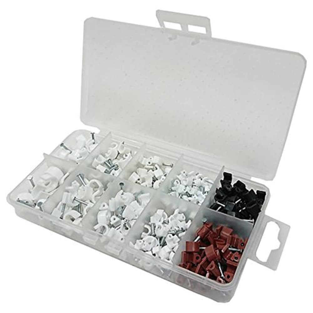 Merriway BH06594 (200 Pcs) Assortment of Round Cable Clips in a 10 Compartment Carry Case - Pack of 200 Pieces