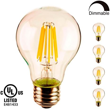 YUURTA A19/A60 Dimmable LED Filament Light Bulb Antique Vintage Retro Edison Style Incandescent Replacement E26/E27 Medium Screw Base 120V UL Listed Approved for USA Energy Saving (4000K 6.5W pck4)