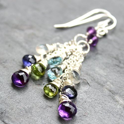Multi Gemstone Earrings Sterling Silver Amethyst Iolite Peridot, Art Deco